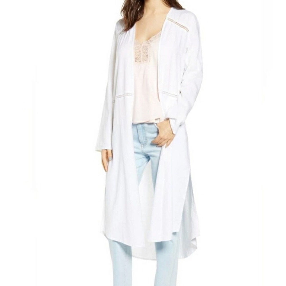 BP White Linen Blend Long Beach Coverup Long Sleeve Lace Insets Boho Size Small